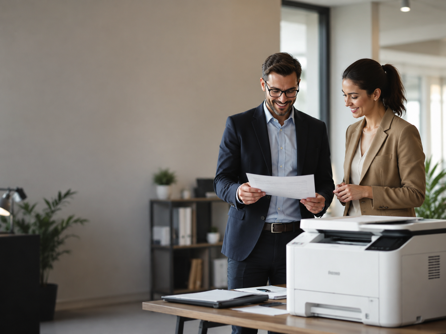 Office team reviewing printer documents